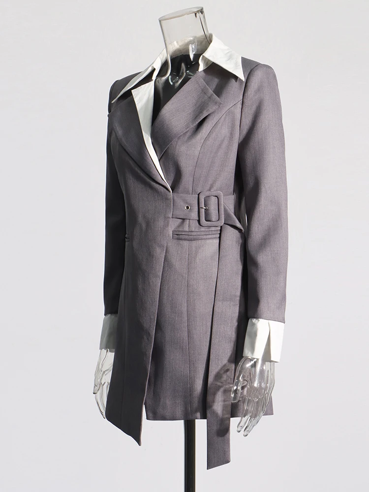 TWOTWINSTYLE Elegant Casual Spliced Belt Blazer For Women Notched Collar Long Sleeve Patchwork Pocket Colorblock Blazers Female