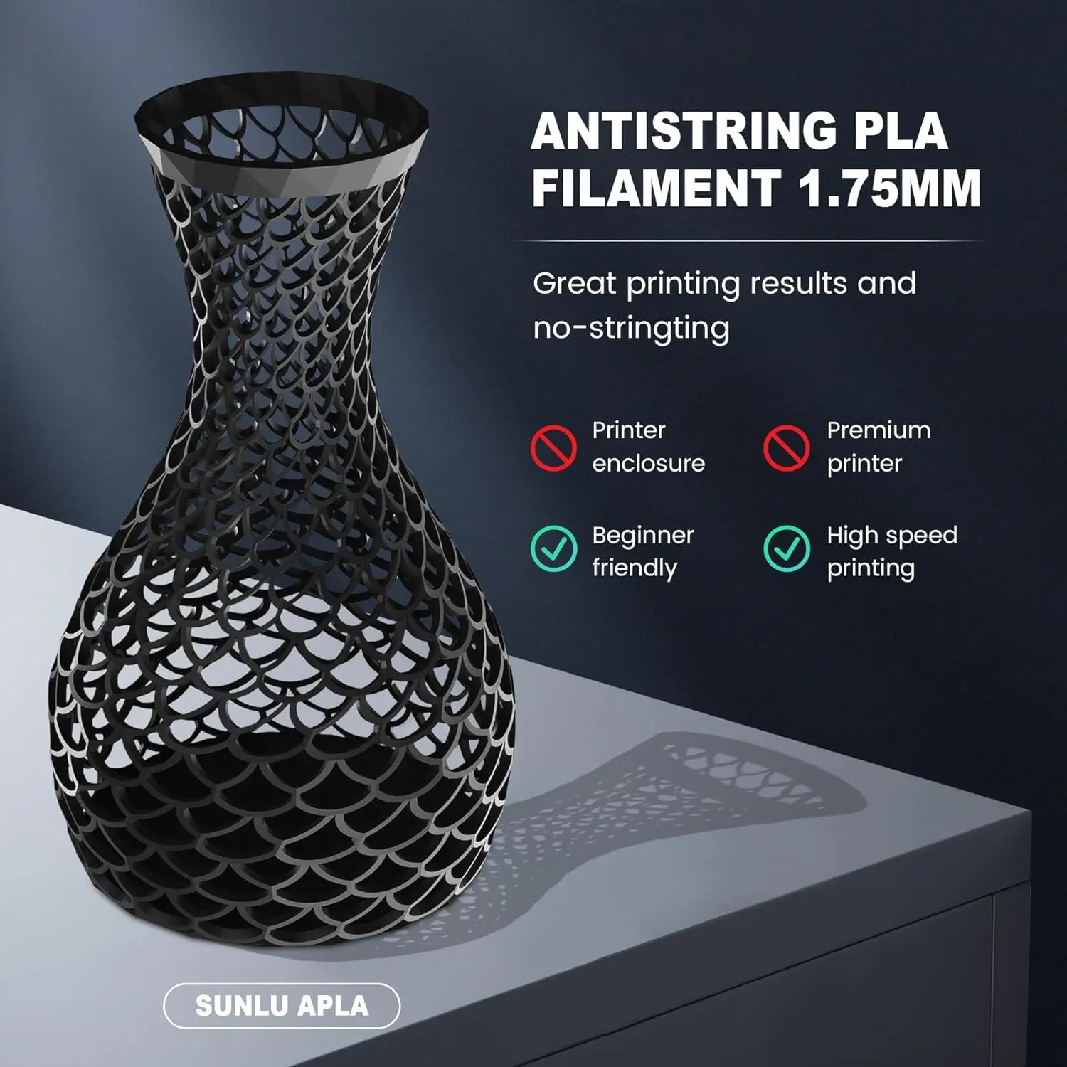 SUNLU AntiString PLA Filament 1.75mm APLA Tolerances ±0.02mm 1kg Spool Neatly Wound 3D Printing Filament for FDM 3D Printer