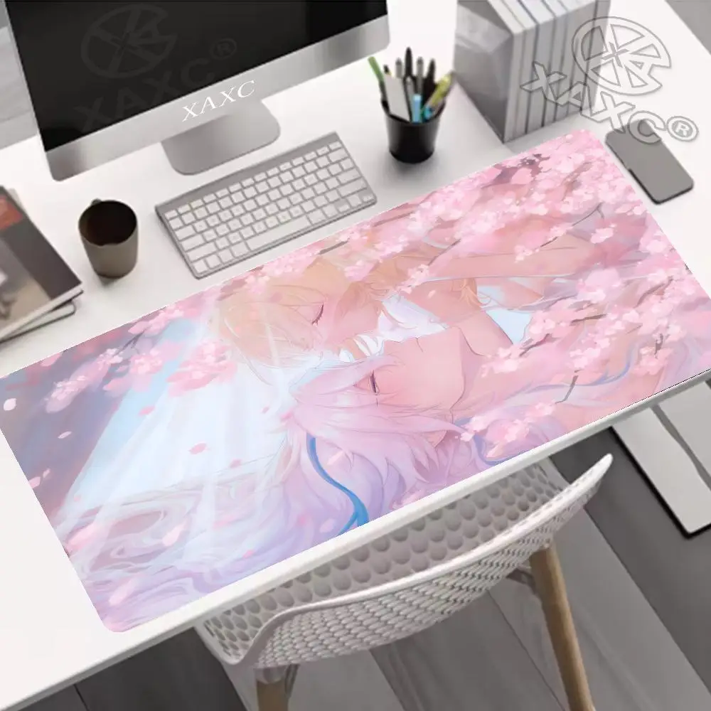 Anime Pink Sakura Samurai Girl Mouse Pad Kawaii Aesthetic Gaming large Desk Mat Non-Slip Rubber for Office Accessories  XAXC