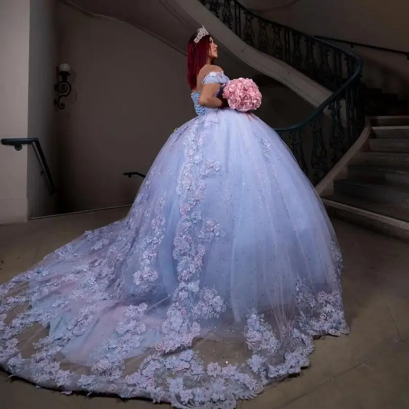 

Мексиканское синее платье Quinceanera с открытыми плечами, бальное платье, 3D Цветы, Кружевная аппликация, вышивка бисером, милое 16 Vestido De 15 лет