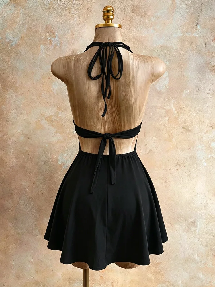 Summer Sexy Halter Neck Backless Tie Waist Pleated Bodycon V-Neck Slim Fit Dress Fashionable Casual Dress for Women - view 2