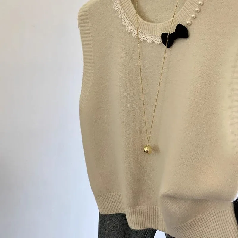 Heavy Industry Perlen Schleife Knoten Strickweste Damen Neue Spleißen Layered Pullover Weste Top