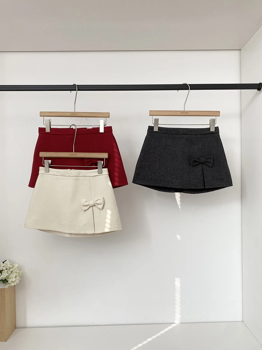 Spring 2026 Korean Style Sweet Design  Knot Woolen  Skirt Slimming High Waist A-Line Skirt for Women Commute