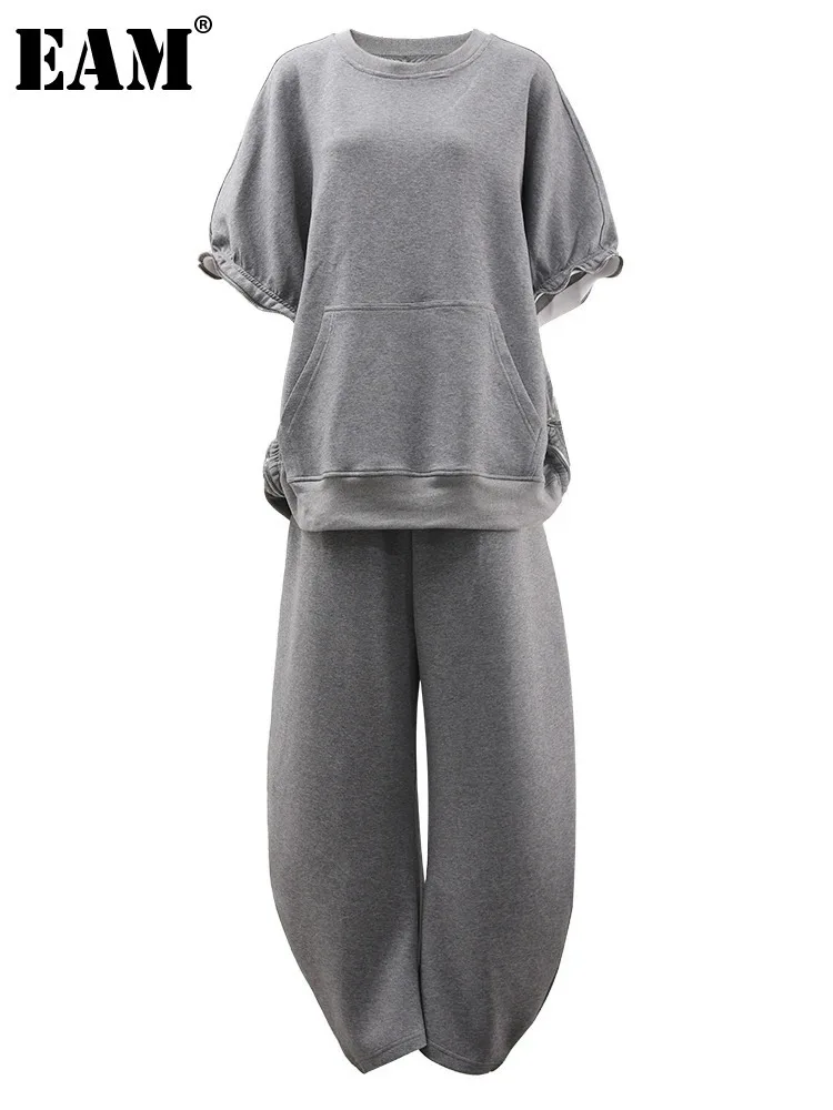 

[EAM] Big Size T-shirt Wide Leg Pants Two Piece Suit New Round Neck Short Sleeve Women Fashion Tide Spring Autumn 2024 CPG1786