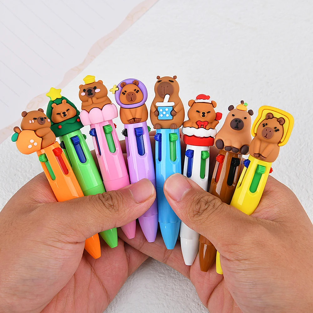 

10pcs Capybara Colorful Barrel Mini Ballpoint Pens, 4-in-1 Multicolor Ballpoint Pens, Cartoon Design, Ergonomic Grip, Compact