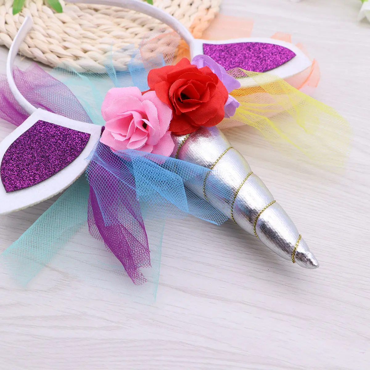Unicorn Hair Hoop for Girls Boys Horn Ears Rose Grenadine Embellishment Soft Comfortable Festival Costume Party Cosplay Birthday