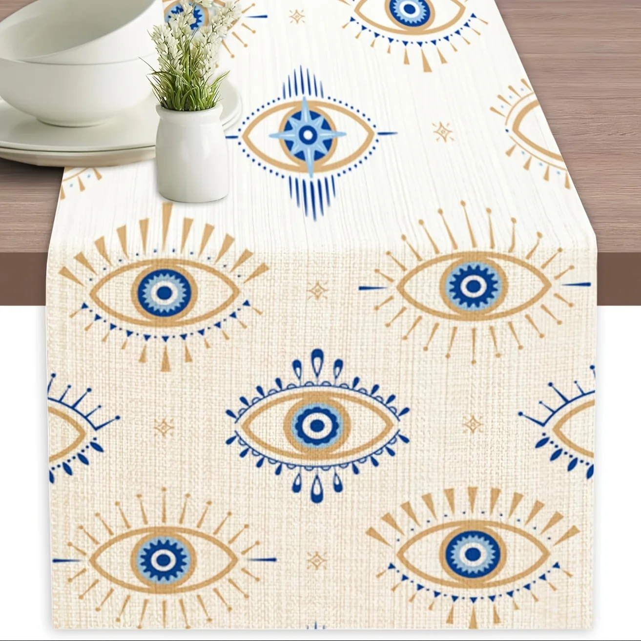 Camino de mesa con diseño de mal de ojo de 1 pieza, bufanda de tocador rectangular, diseño protector azul y dorado para vacaciones, fiestas, reúne familiar