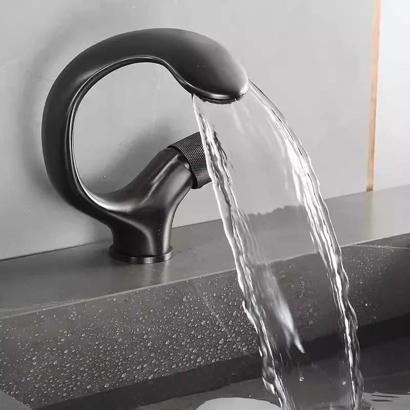 Tuqiu Black Bathroom Faucet  Grey Basin Faucet Hot and Cold Chrome Sink Faucet Deck Mounted Brass Toilet Mixer Waterfall Tap