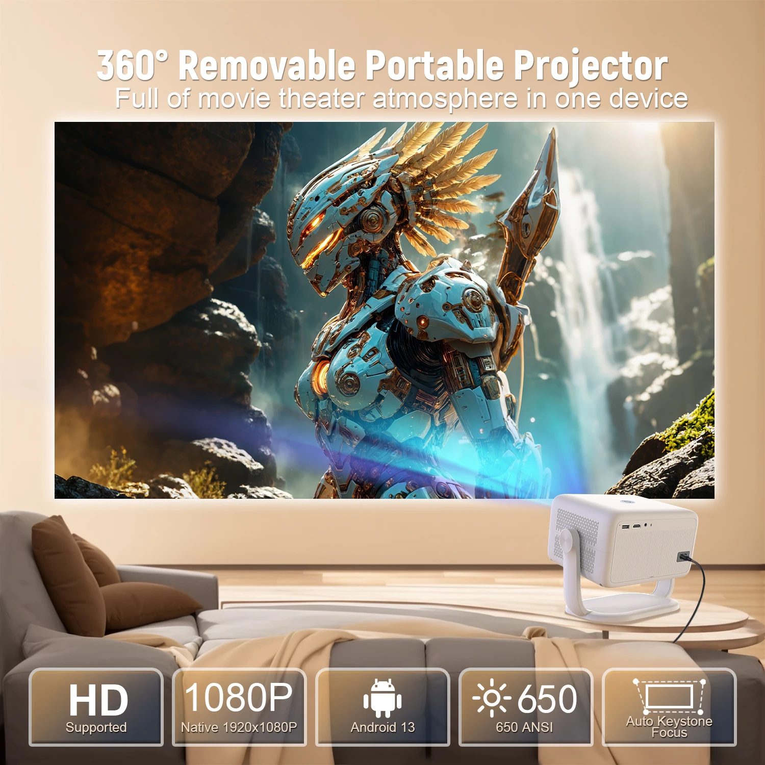 TP350 NTV 프로젝터: 4K HD 안드로이드 13 프로젝터 650 ANSI, 1080P 네이티브 해상도 지원, 휴대용 케이스 포함, 홈 프로젝터
