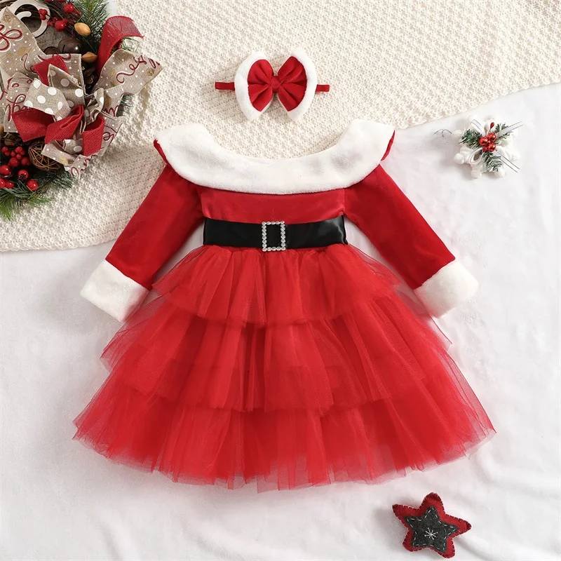 

Toddler Girl 2-Piece Holiday Set Ruffle Sleeve Velvet Dress Bow Headband Ensemble for Christmas Party