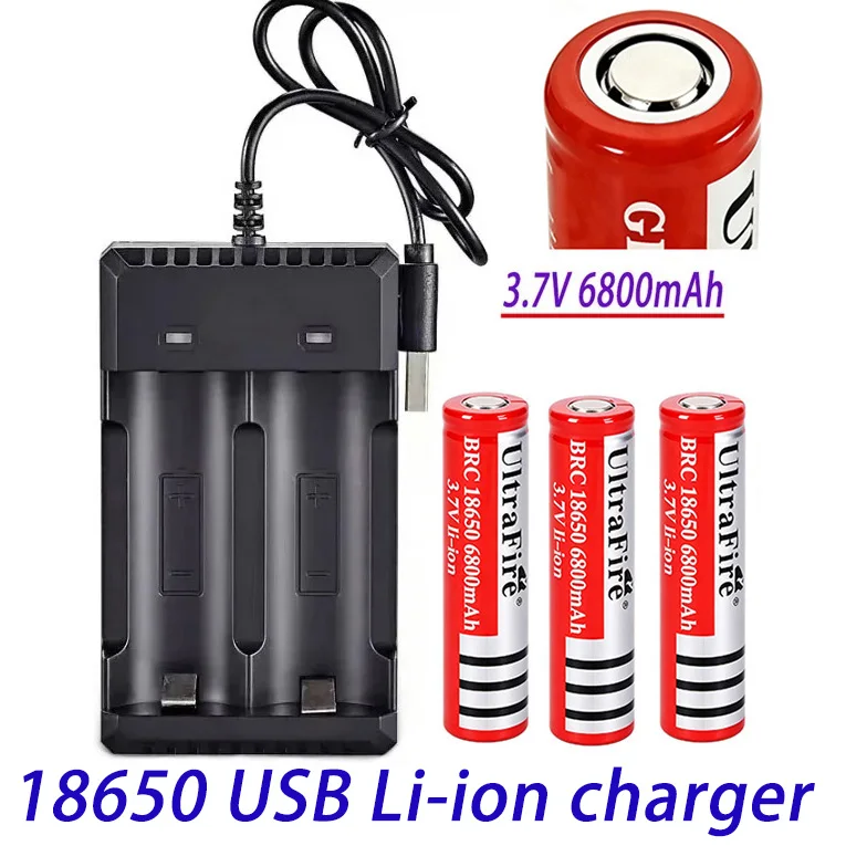 100% New  Rechargable Battery 18650 3.7 V 6800mAh Battery for LED Lantern torch+USB Charger