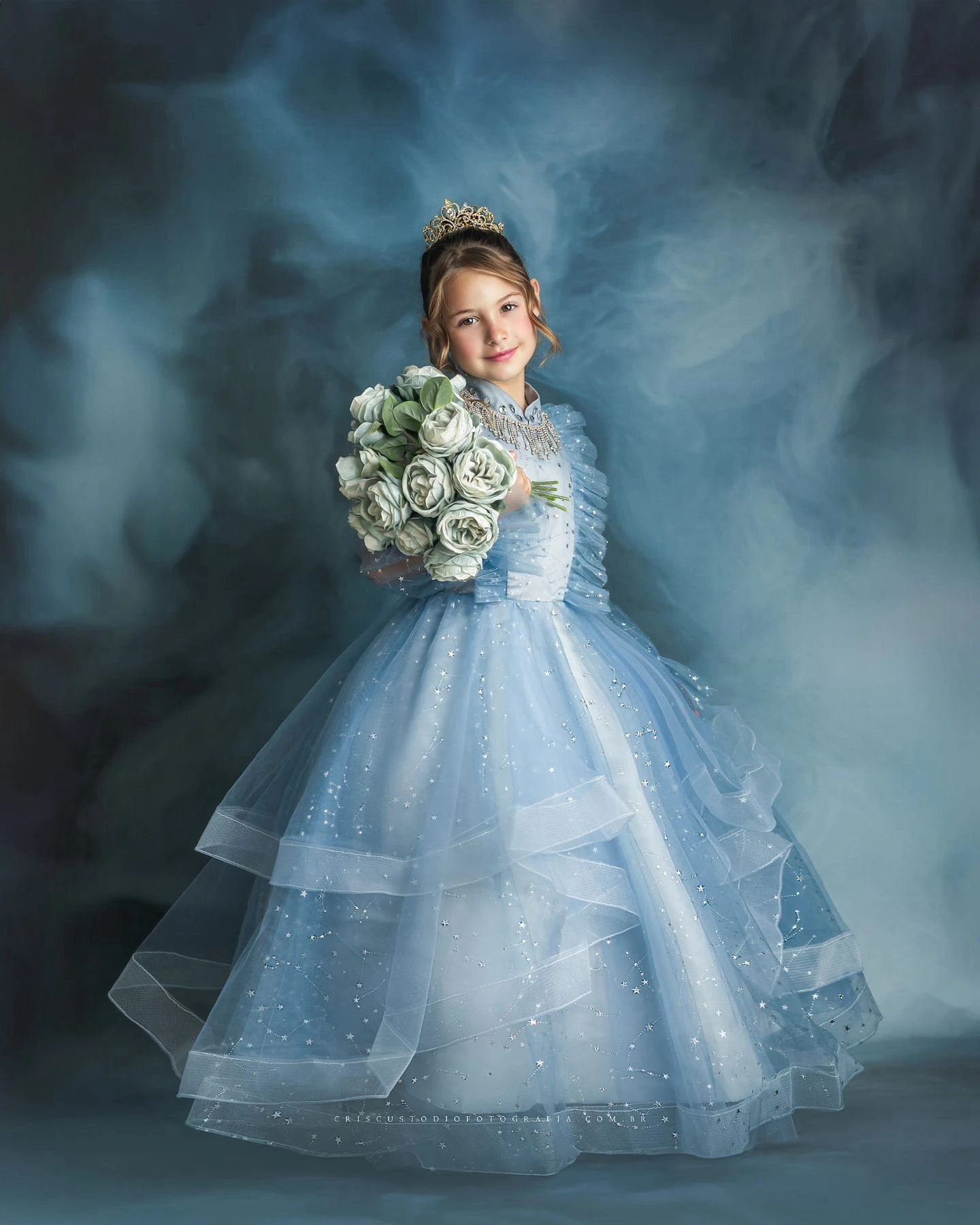 Shiny Sky Blue Ruffles Children's Dress Girls' Princess Sequin Latern Sleeve Long Mesh Flower Little Girl Tulle Wedding Gowns image 2