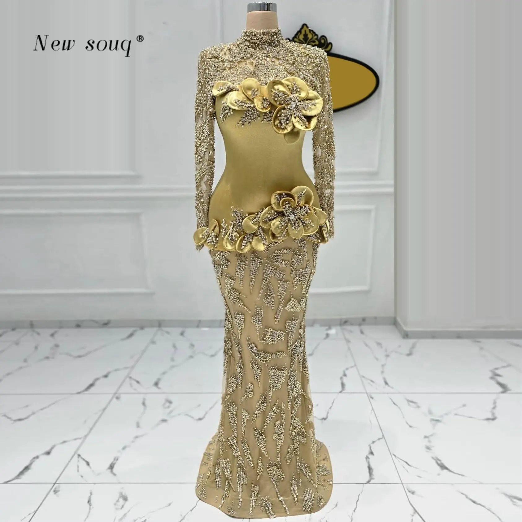 Ouro mangas compridas alta pescoço muçulmano sereia vestidos de baile personalizado 2026 árabe frisado lantejoulas formal vestidos de festa para mulher