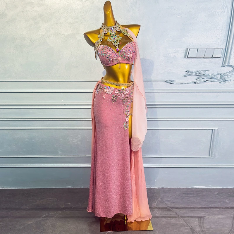 ผู้หญิงที่กําหนดเองหรูหรา Rhinestone Bra + กระโปรงยาว 3 ชิ้นสาว Oriental Dance Performance ชุด Elegant Belly Dancer เครื่องแต่งกาย