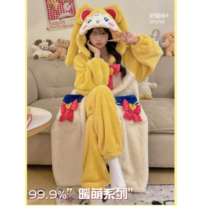 2026 جديد بحار لطيف الإبداعية أنيمي صور بسيطة موضة عادية مريحة سميكة الدافئة مقنعين ملابس المنزل منامة مجموعة #3