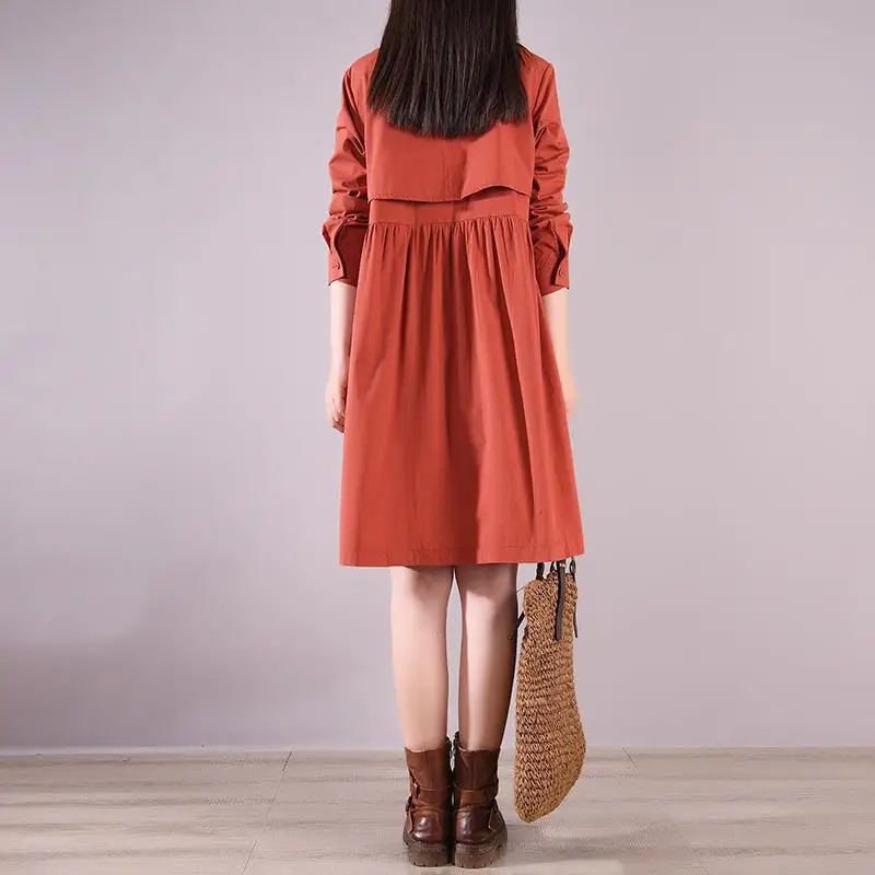 New Pure Cotton A-line Solid Color Single Breasted Pleated Multi Size Mid Length Shirt Dress for Women