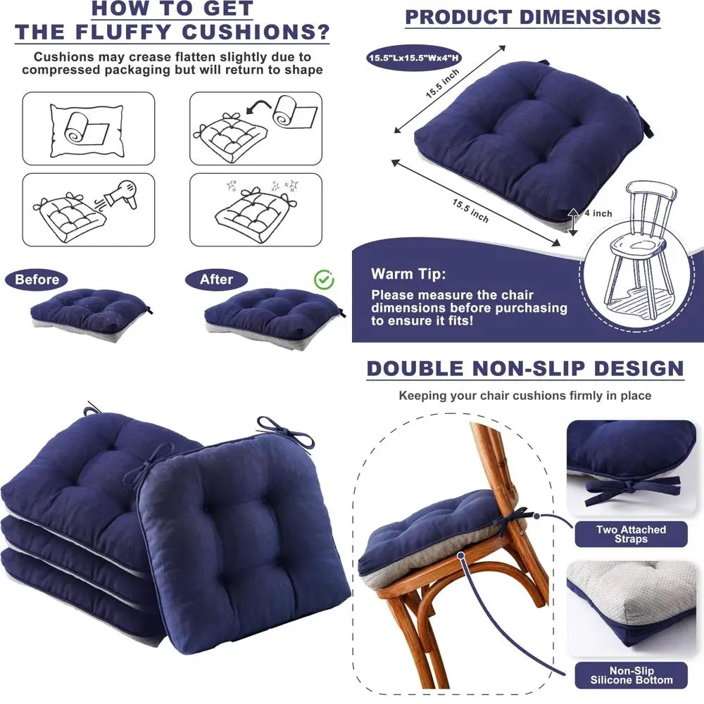 

Set of 4 Navy Kitchen Chair Cushions, 15.5x15.5x4, Waterproof and Non-Slip for Indoor/Outdoor Use