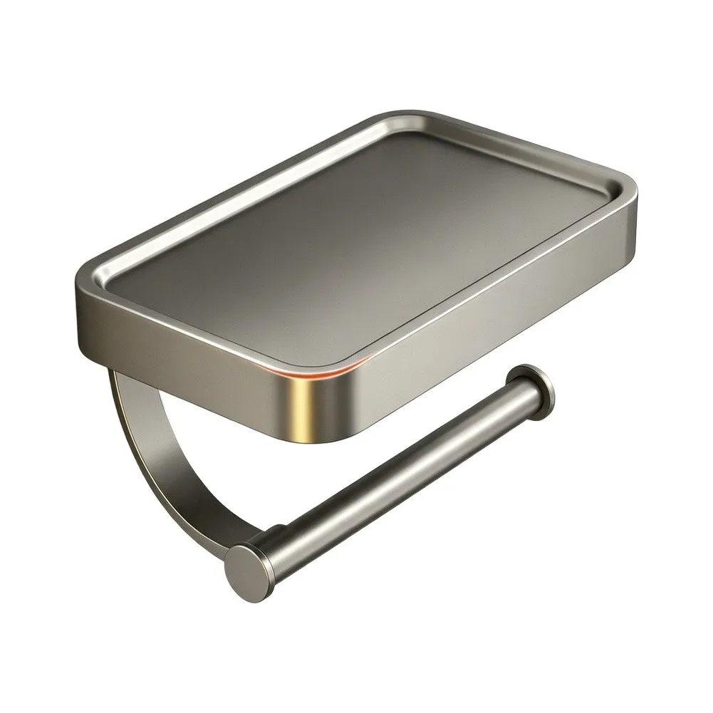 Toilet Paper Holder in Solid Zinc Alloy Featuring Integrated Shelf and Phone Stand for Compact Bathrooms for gunmetal Gray