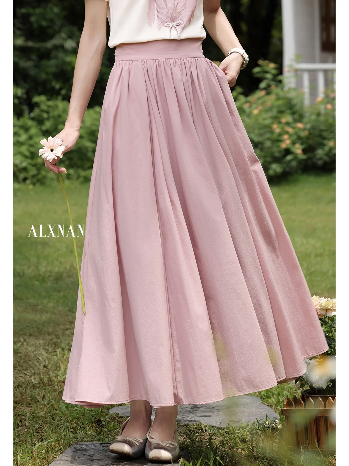 South Deer Peach Blossom Language Gonna rosa f-lunghezza Vita alta A-line Garza Gonna casual estiva da donna