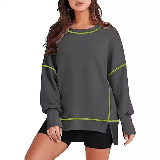 

Fall Clothes 2025 Women's Side Slit Round Neck Long Sleeve Solid Color Loose Autumn And Winter Daily Versatile T-shirt Pullover