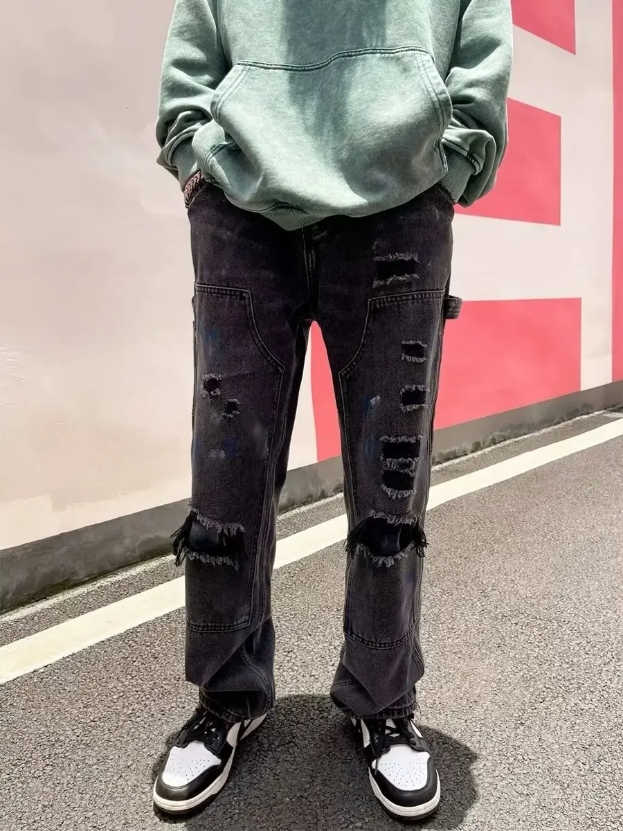 

Pop Four Seasons New Fashion Men's American High Street Loose Wide Leg Jeans Pants Hole Patched Denim Cargo Trousers Streetwear
