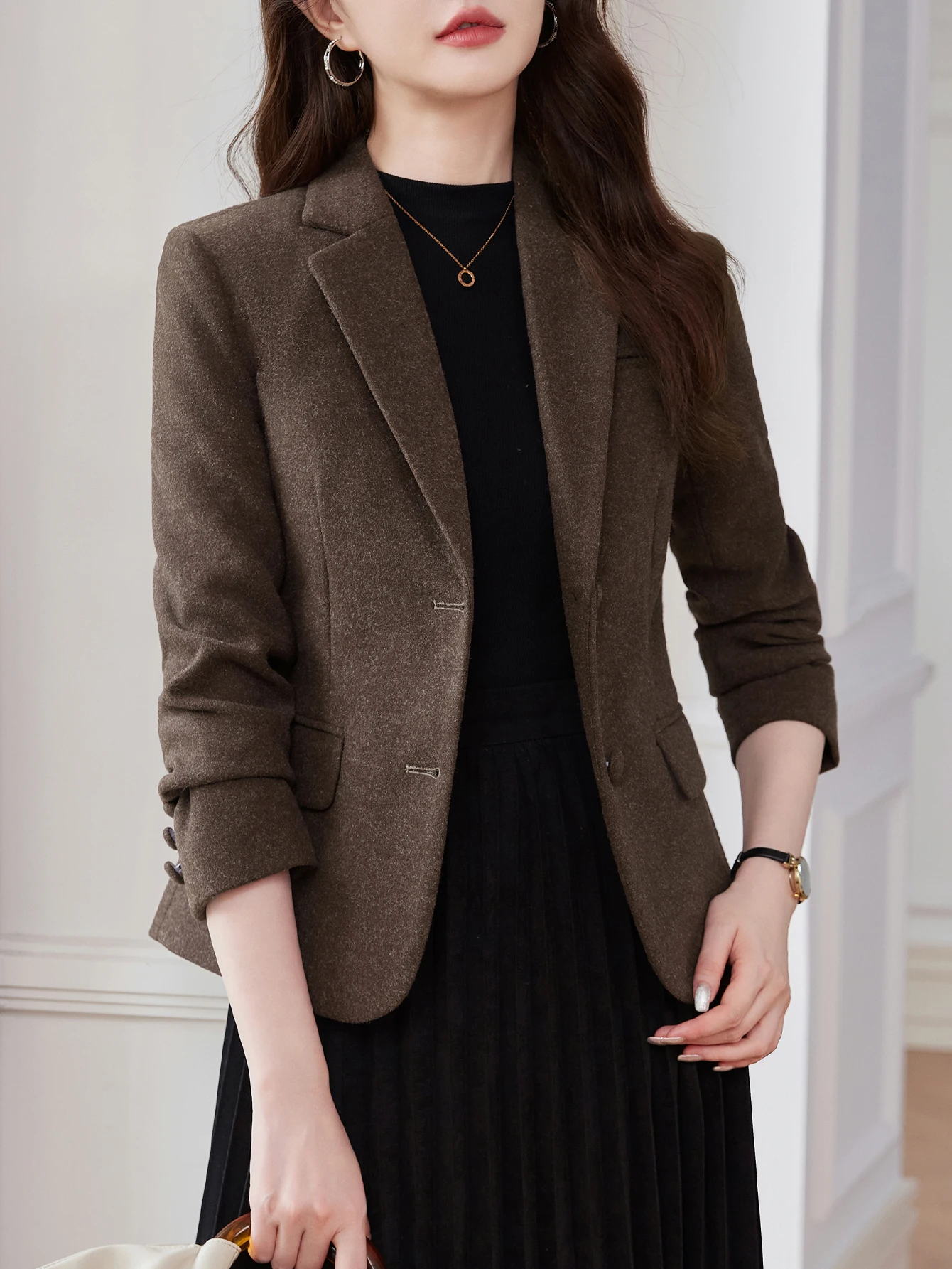 울 싱글 브레스티드 슬림핏 블레이저 - 다용도 고급 미니멀리스트 우아하고 편안한 출퇴근용 수트 재킷