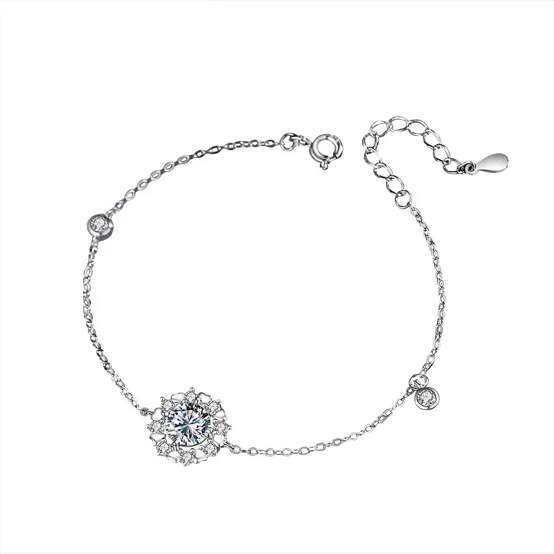 

925 Sterling Silver 1 Ct Moissanite Bracelet Lab Diamond Sunflower hand ornament Fine Jewelry Women Engagement Anniversary Gift