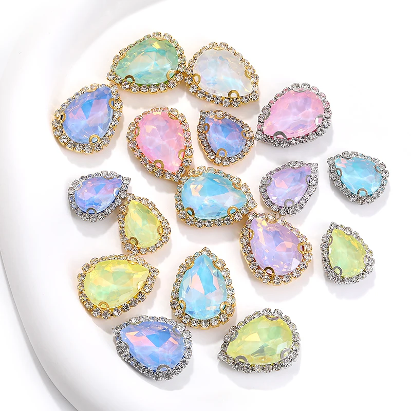 Strass in vetro a forma di goccia con cristalli per cucire ad artiglio fibbia con Base in metallo gemma cucire su pietra per vestiti Strass