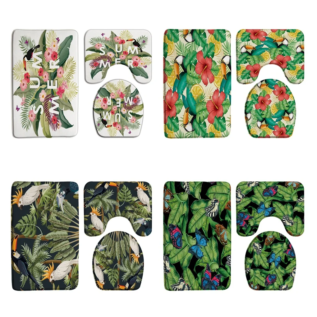 

Tropical Bird Toucans Bath Mat Sets Jungle Parrot Palm Leaves Butterfly Bathroom Rugs Anti-Slip Flannel Toilet Lid Cover Carpet