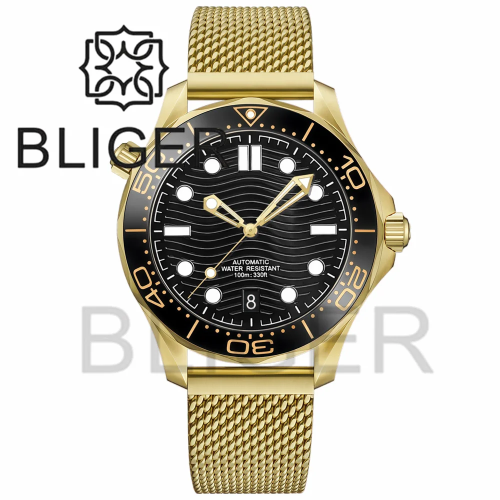 BLIGER Customizale Logo 41mm Two Tone Gold BL007 Sapphire NH35 Diver Watch 6 O'clock Date Luminous Ocean Wave Dial Mesh Strap
