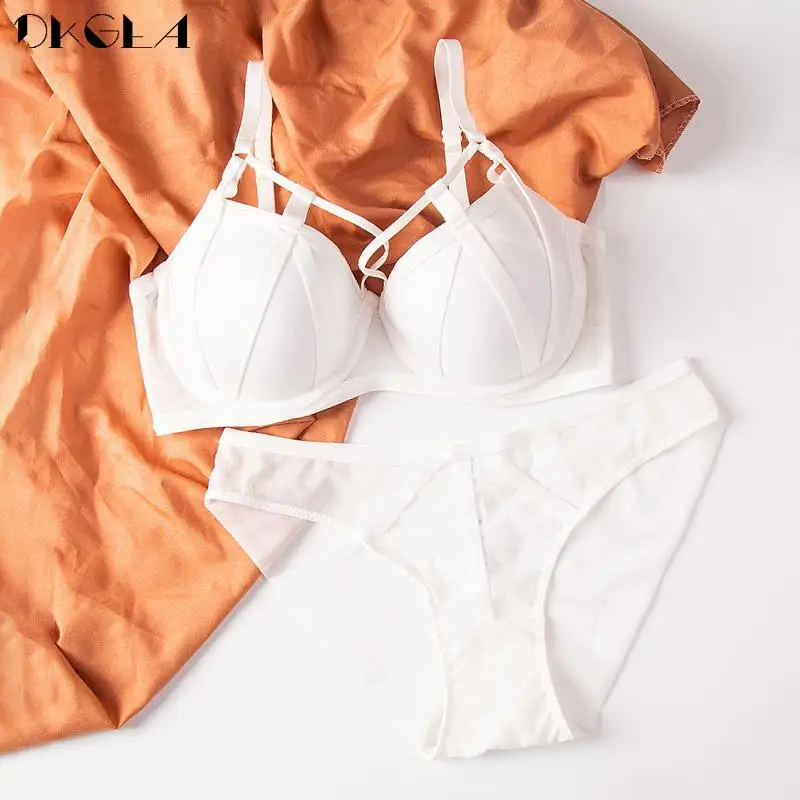 Bandage Push Up Bra Set Sexy Brassiere Padded Thick B C D Cup White Women Underwear Set Fashion Deep V Temptation Lingerie Brand