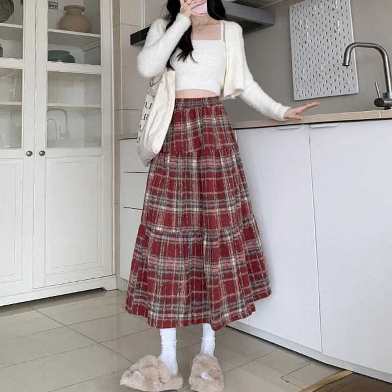 Vintage Midi Skirts Women Autumn Winter High Waist Wool Plaid Skirts for Women Casual Clothing Female Pleated Skirts Streetwear