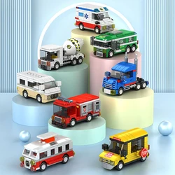 Small particle building block city vehicle model, school bus, fire truck, ambulance, business car, holiday gift for friends