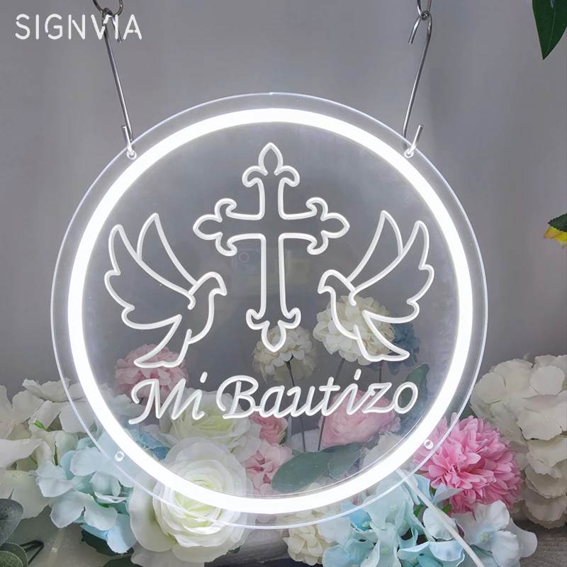Mi Bautizo LED Neon Sign White Circular USB Wall-Mount Hanging Decor Wall LED Neon Lighting Sign for Parties Home With Lampstand
