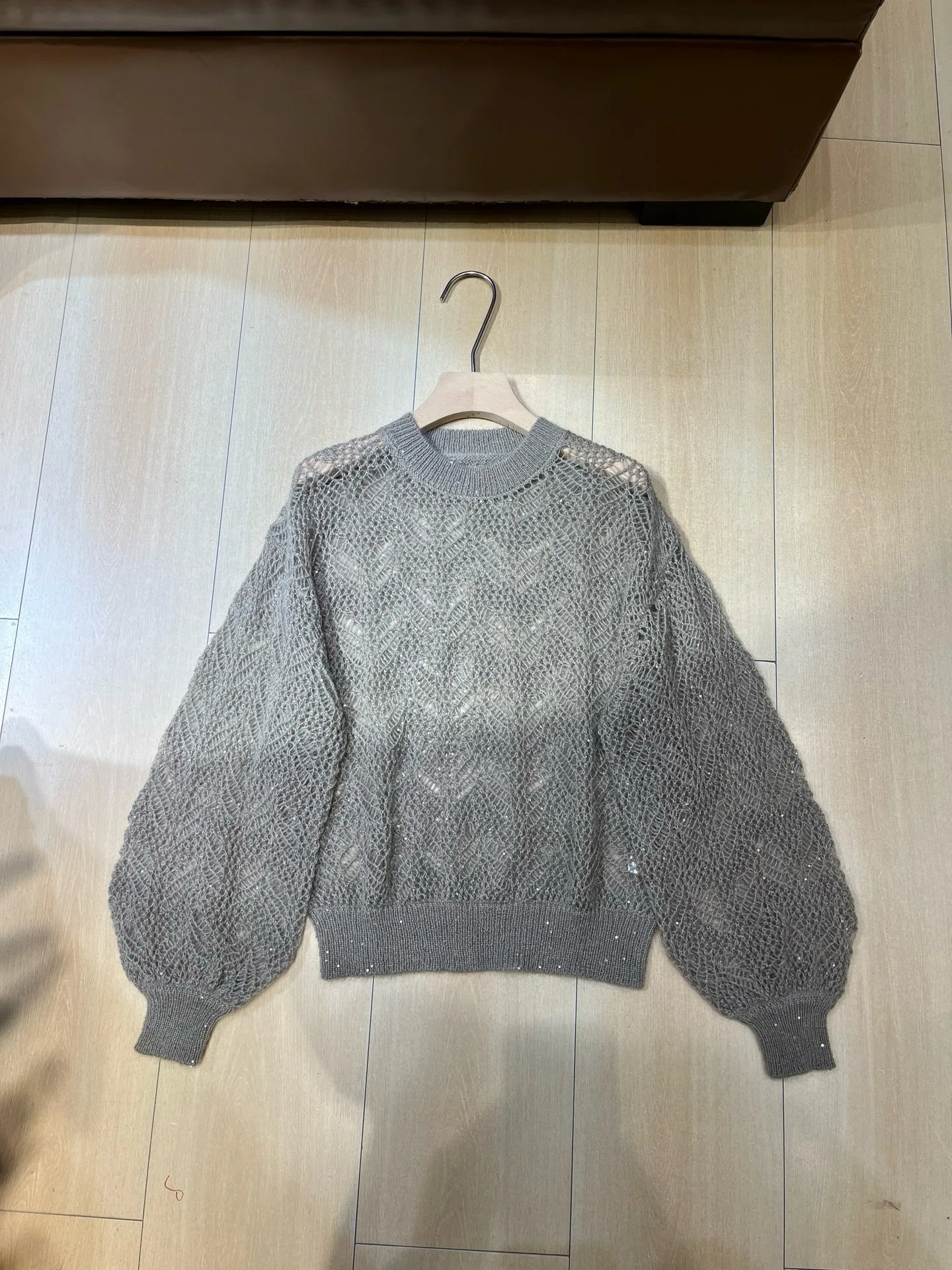 Lightweight Openwork Knit Top Women Round Neck Sparkle Sequin Puff Long Sleeve Casual Sweater