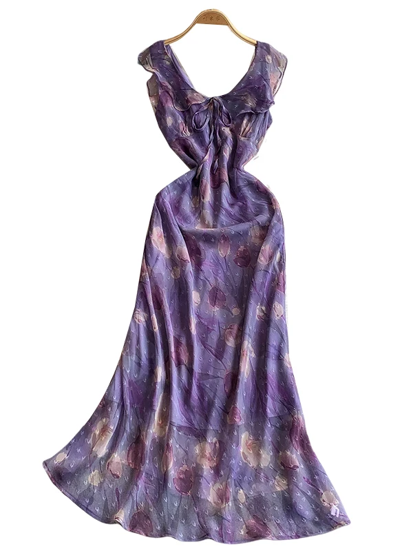 Sommer Vaion Lila Blumendruck V-ne Dr Damen Ele Taillierender langer A-Linien-Rock Korean Sle Pendeln