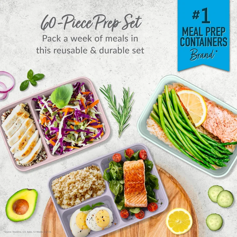 Floral Pastels Prep 60-Piece Meal Prep Kit - Reusable Food Containers 1-Compartment, 2-Compartment, & 3-Compartments Healthy