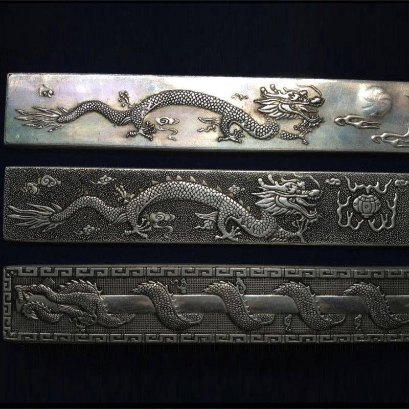 3 pc / Exquisite Old Chinese carving Silver Dragon and Flaming Pearl Amulet Auspicious Plates