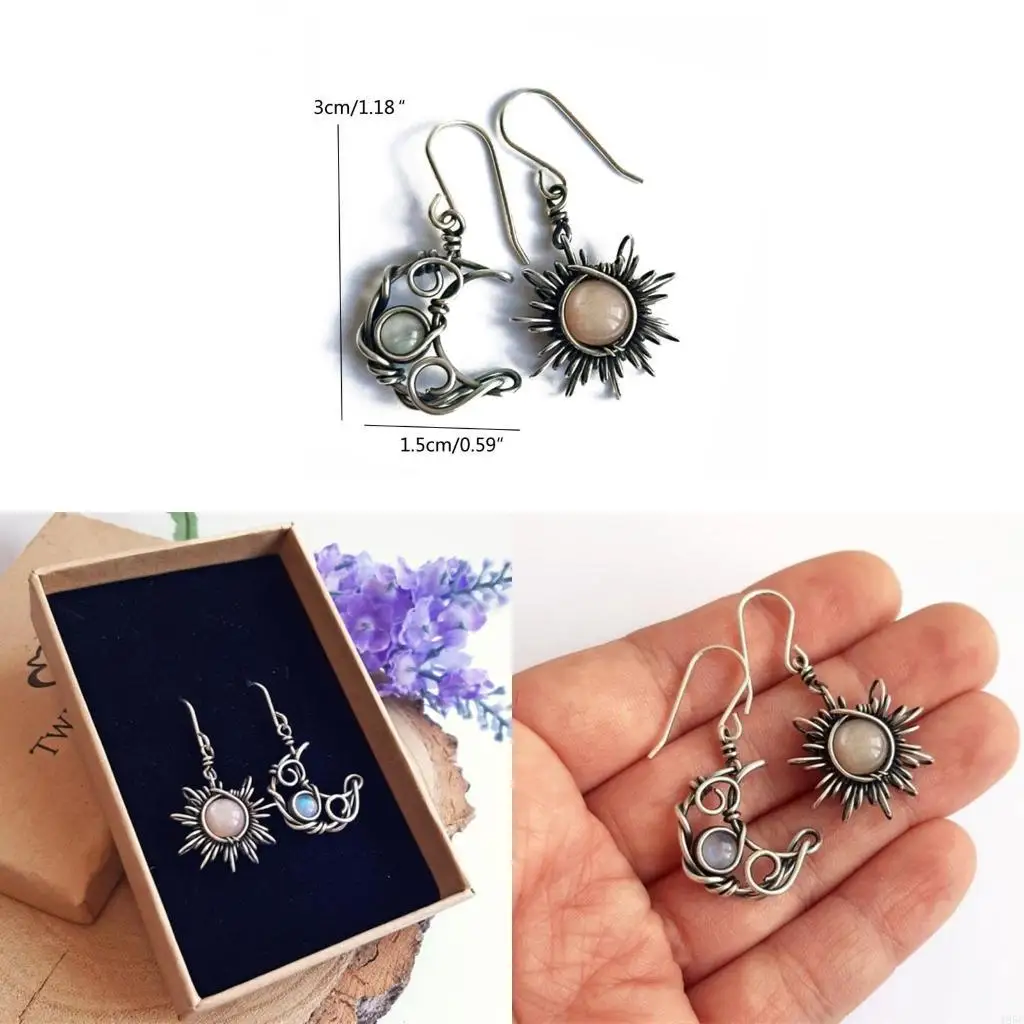 195C Boho for Celestial Moonstone Dangle Drop Earrings Antiqued Silver Sun and Moon Hook Earrings Fashion Jewelry Charms