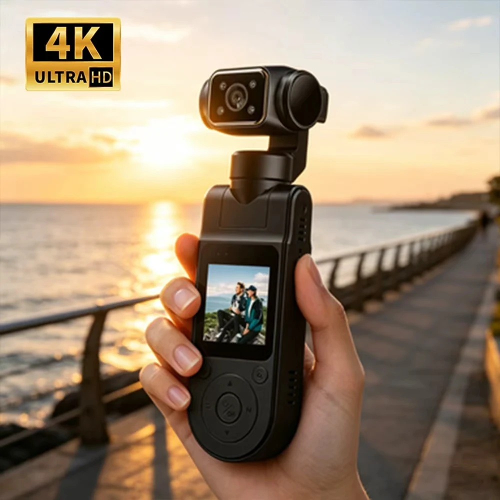 Câmera de bolso 4K portátil, mini câmera rotativa com visão noturna HD e tela LCD para YouTube, viagens ao ar livre, esportes e gravação de vlogs.