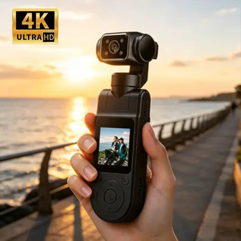 4Kハンドヘルドポケットカメラ回転式ミニボディカムHDナイトビジョンLCDスクリーン YouTube、アウトドア、旅行、スポーツ、Vlog撮影用