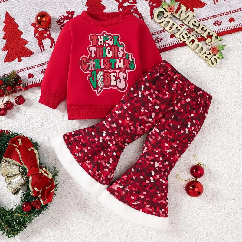 Baby Girls Xmas Sequin Outfit Green Red Long Sleeve Sweatshirt with Sleigh Girl Letter Print Sparkly Flare Pants Set Holiday