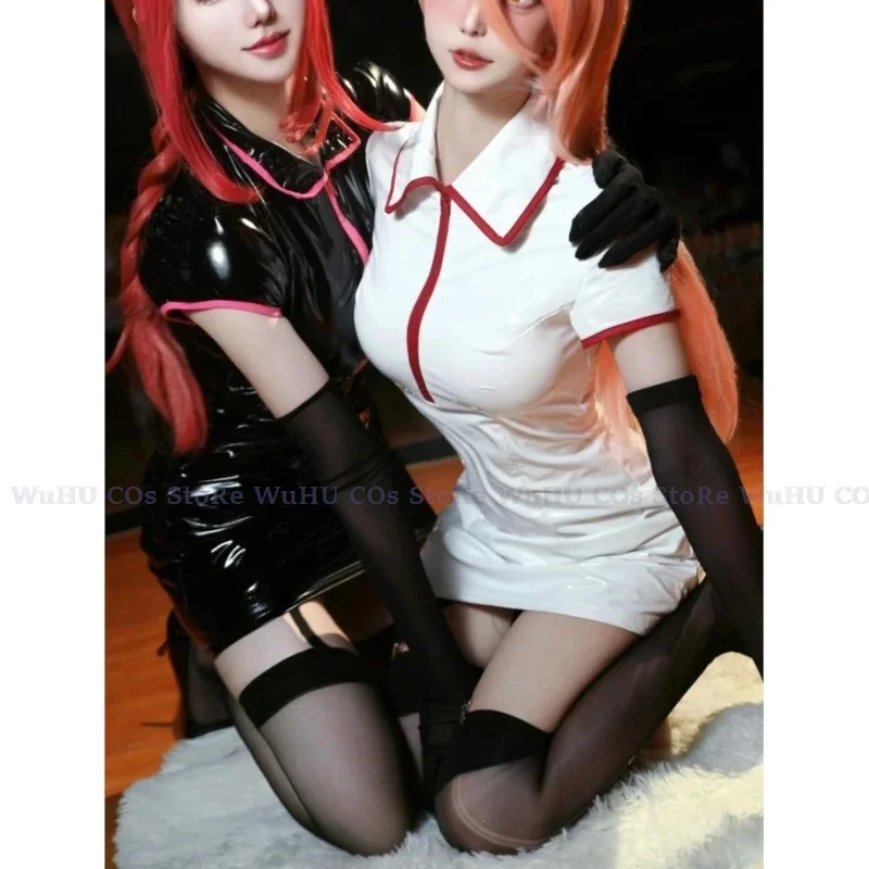 Anime Chainsaw Cosplay Man Powerr/Makimaa Cosplay Nurse Uniform Black White PU Latex Bodycon Women Halloween Roleplay Jumpsuit