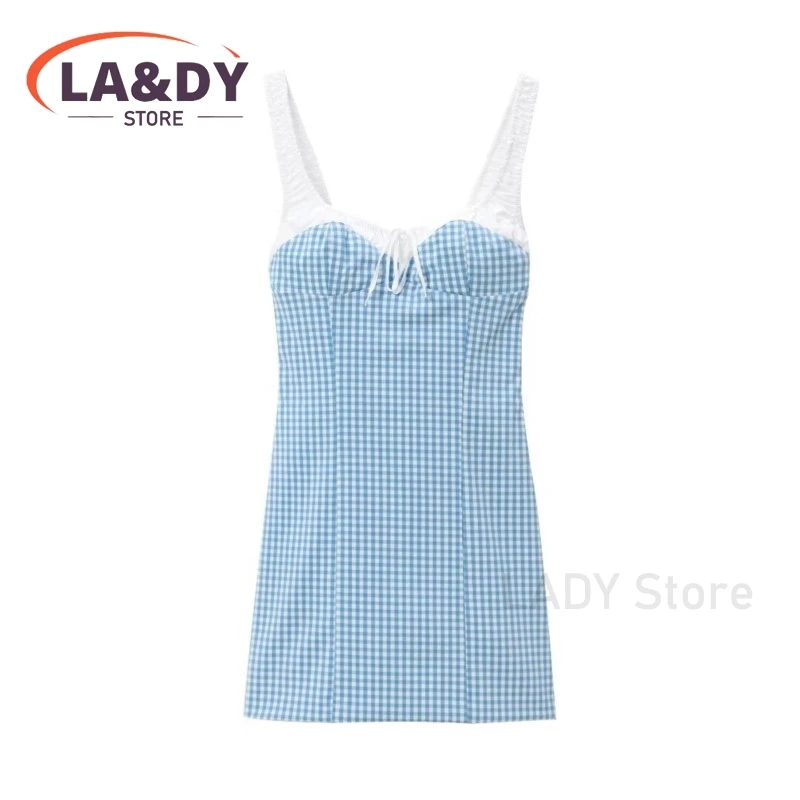 Dress Woman 2024 Summer Fashion Slin Simplicity Plaid Female Casual Sleeveless Lace-Up Mini Dresses