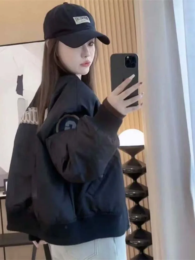 เสื้อโค้ทเบสบอลทรงหลวม ดีไซน์ทันสมัย สำหรับผู้หญิง ฤดูใบไม้ผลิและฤดูใบไม้ร่วง  ผ้าฝ้ายบุใยสังเคราะห์ คอตั้ง แบรนด์ American Sle ort Flight Jaet