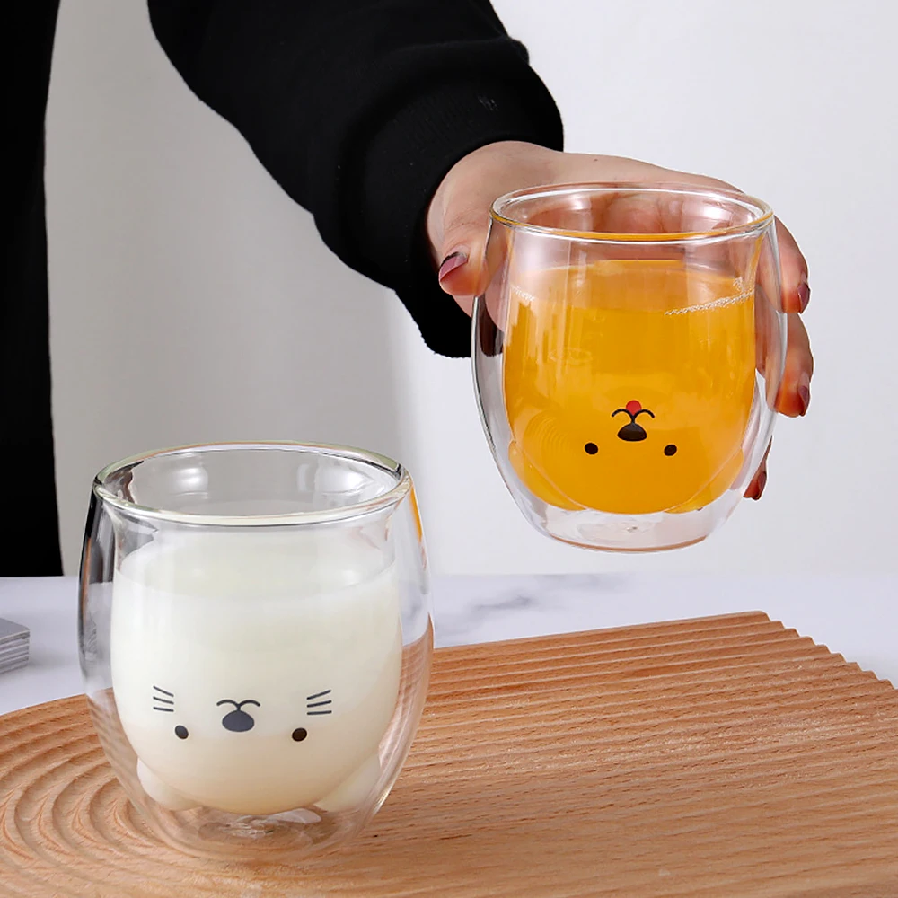 250ML Creative INS Coffee Mug Double Wall Milk Cup Cute Glass Kawaii Juice Vaso Gato Oso Taza Doble Cristal Valentine's Day Gift