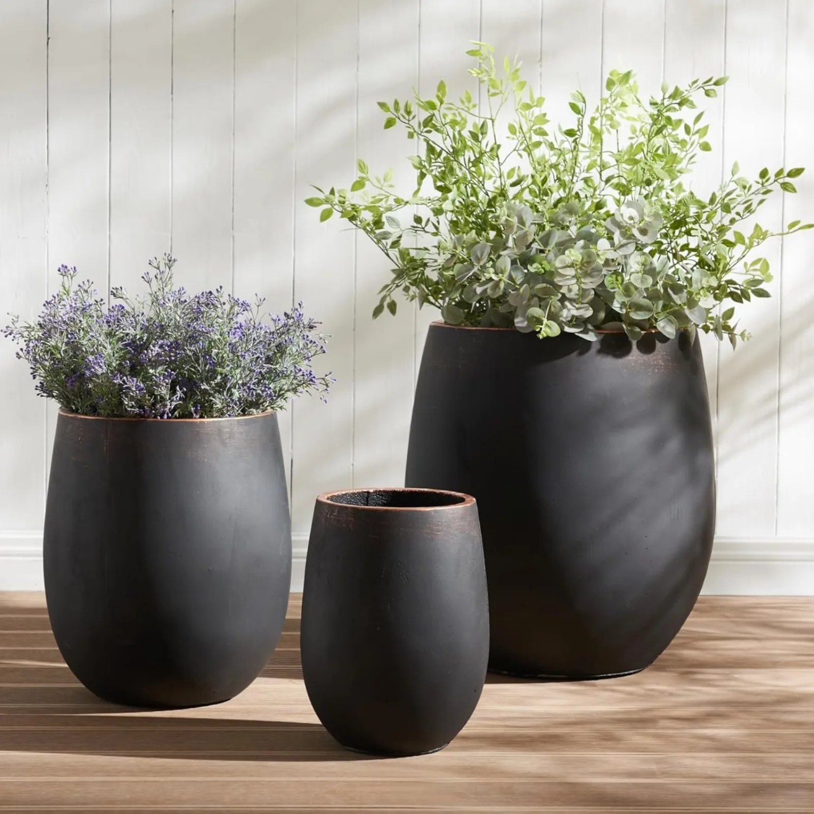 

US 17.7"+13.4"+9.5" Dia Round Concrete Planter Set of 3, Large Outdoor Planter, Black with Gold Rim