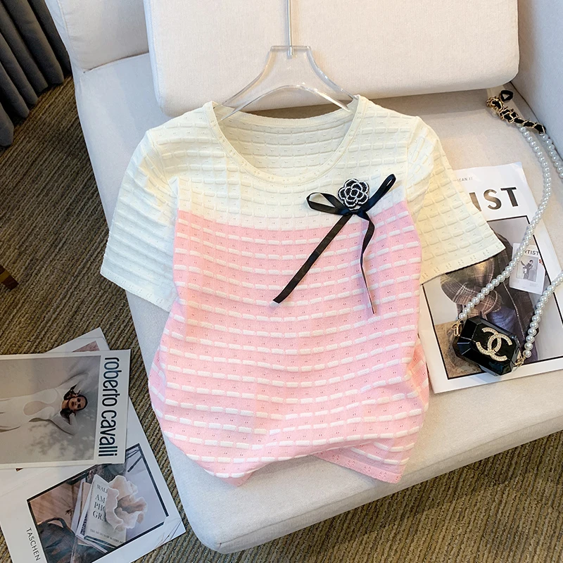 

Elegant Ice Silk Sweater Tops Women 2024 Summer Pullover T-shirts Short Sleeve O-neck Knitwear Korean Stylish Chic Ladies Jumper