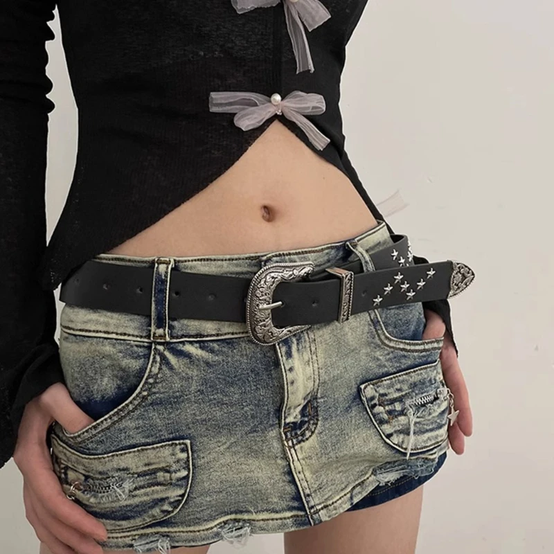 

Harajuku Adult Waist Belt with Carved Floral Buckle Star Rivet Waistband PU Leather Jeans Decorative Waist Belts for Women