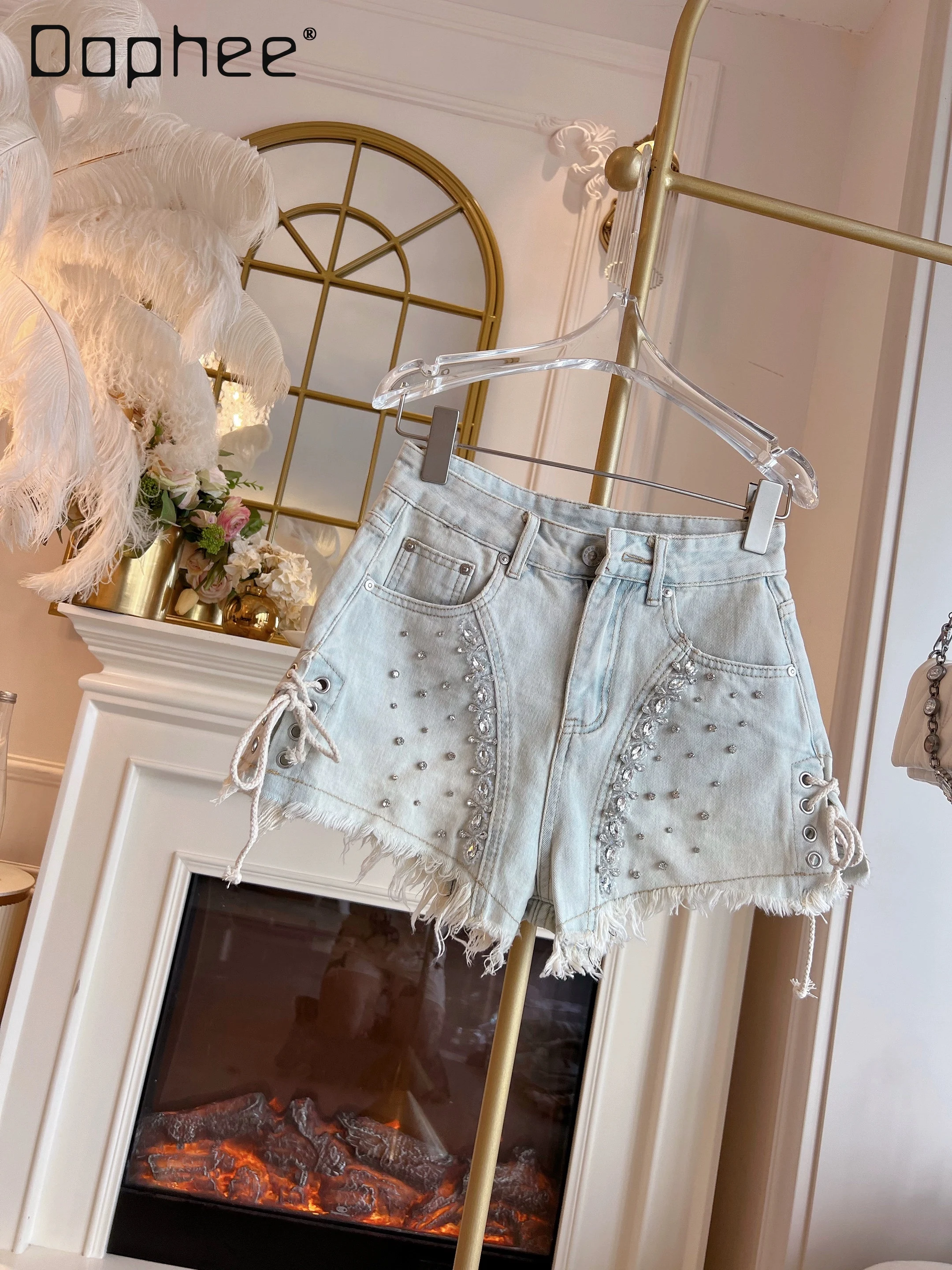 여름 중공업 다이아몬드 박힌 분할 술 하이 웨이스트 슬림 청바지 통근 스타일 패션 다목적 섹시한 청바지 여성